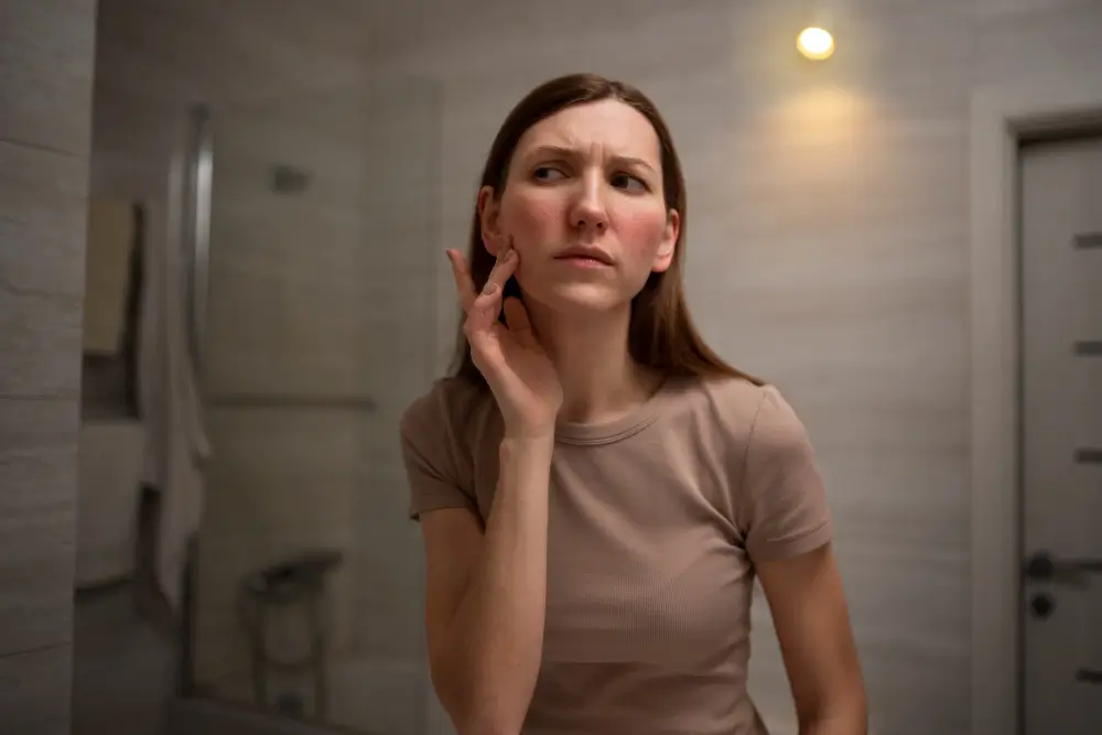 A woman is inspecting her skin condition in front of a mirror.